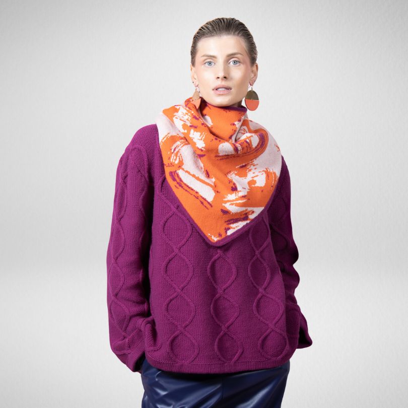 Bandana Scarf In Tangerine - Hand Illustrated Cable Merino Wool