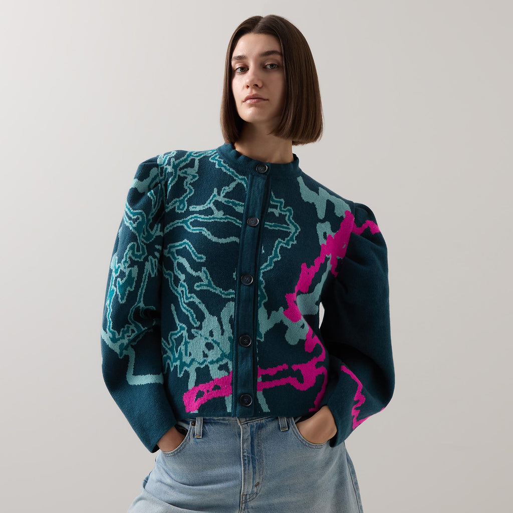 Graphic Barrel-Sleeve Cardigan Blue