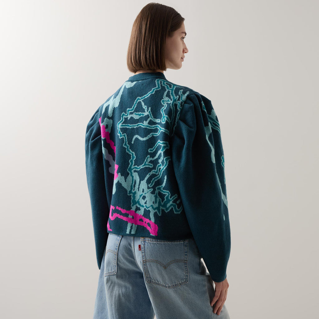 Graphic Barrel-Sleeve Cardigan Blue