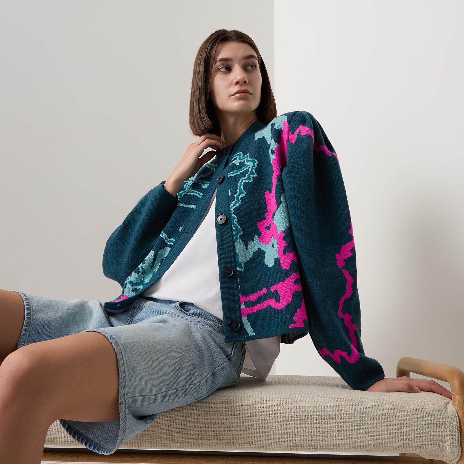 Graphic Barrel-Sleeve Cardigan Blue