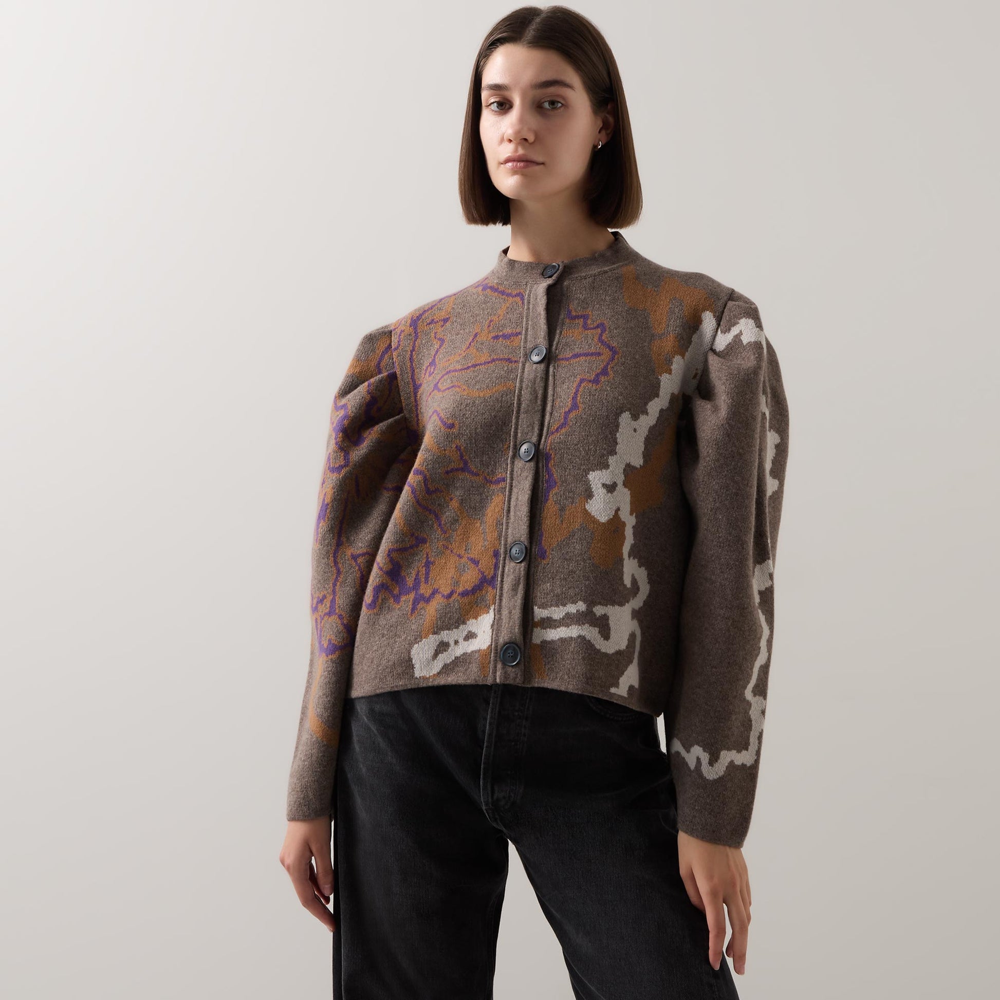 Graphic Barrel-Sleeve Cardigan Brown