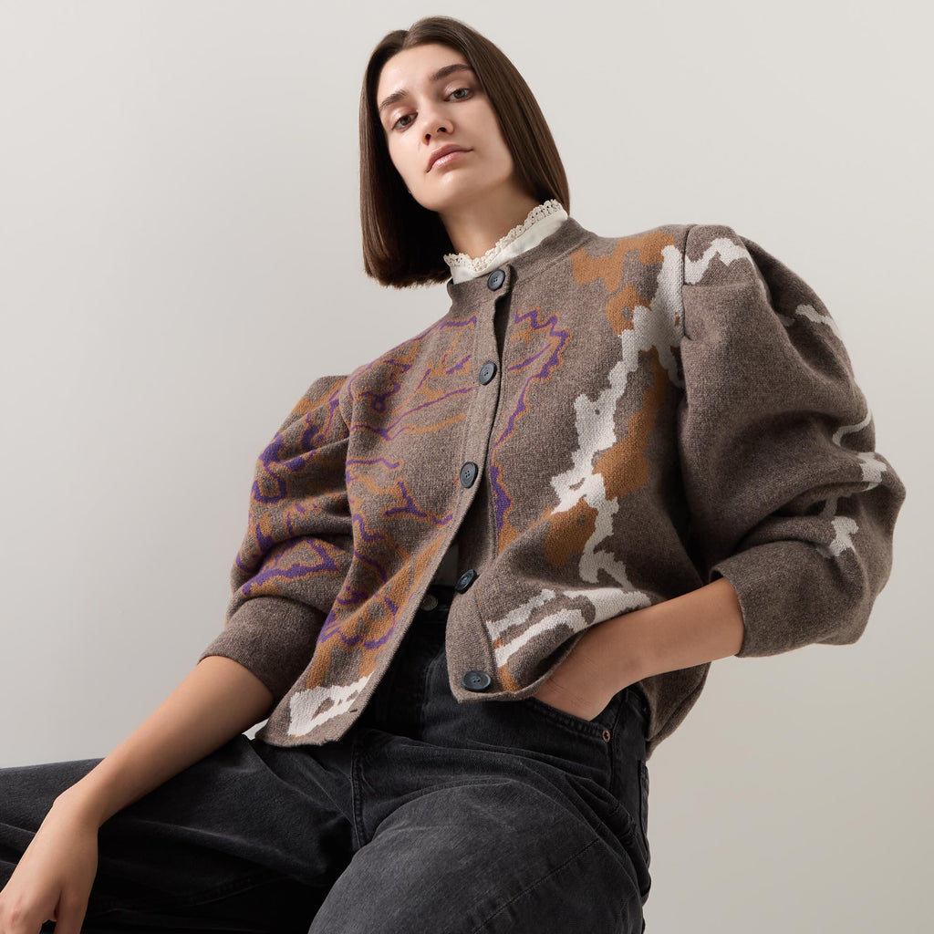 Graphic Barrel-Sleeve Cardigan Brown