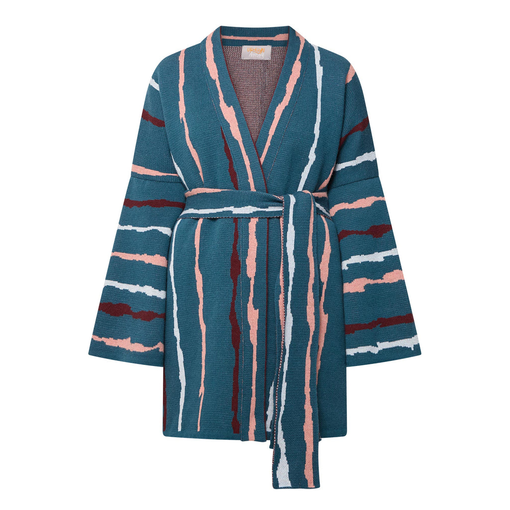 Kimono - Real Blue with peach and burgundy