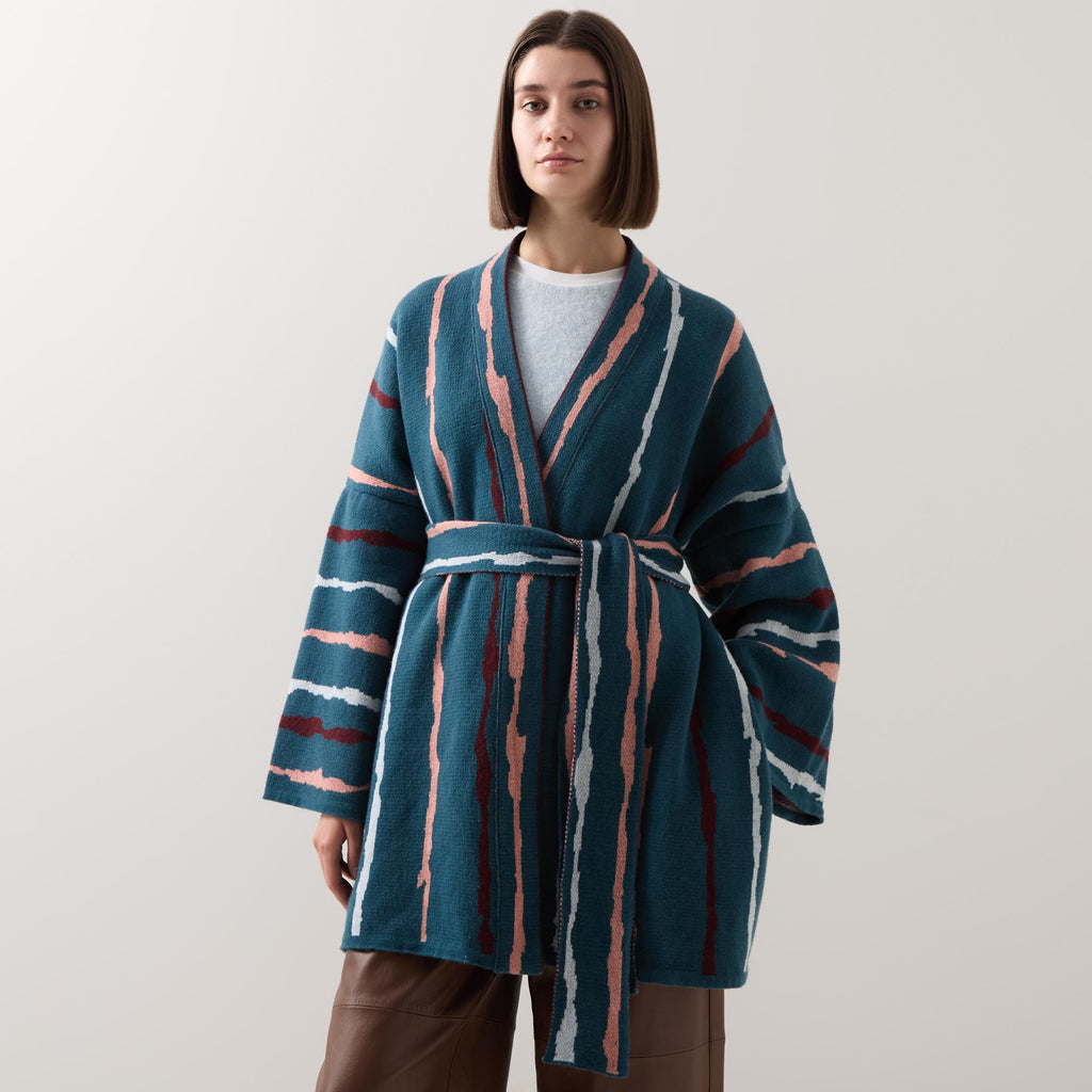 Kimono - Real Blue with peach and burgundy