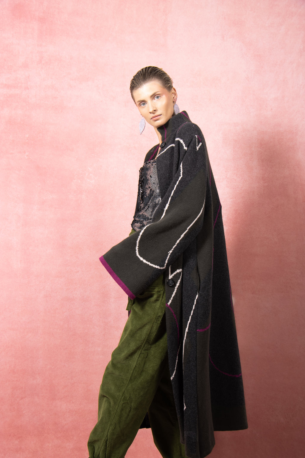 The Grá Coatigan - Charcoal & Olive Green Merino Wool