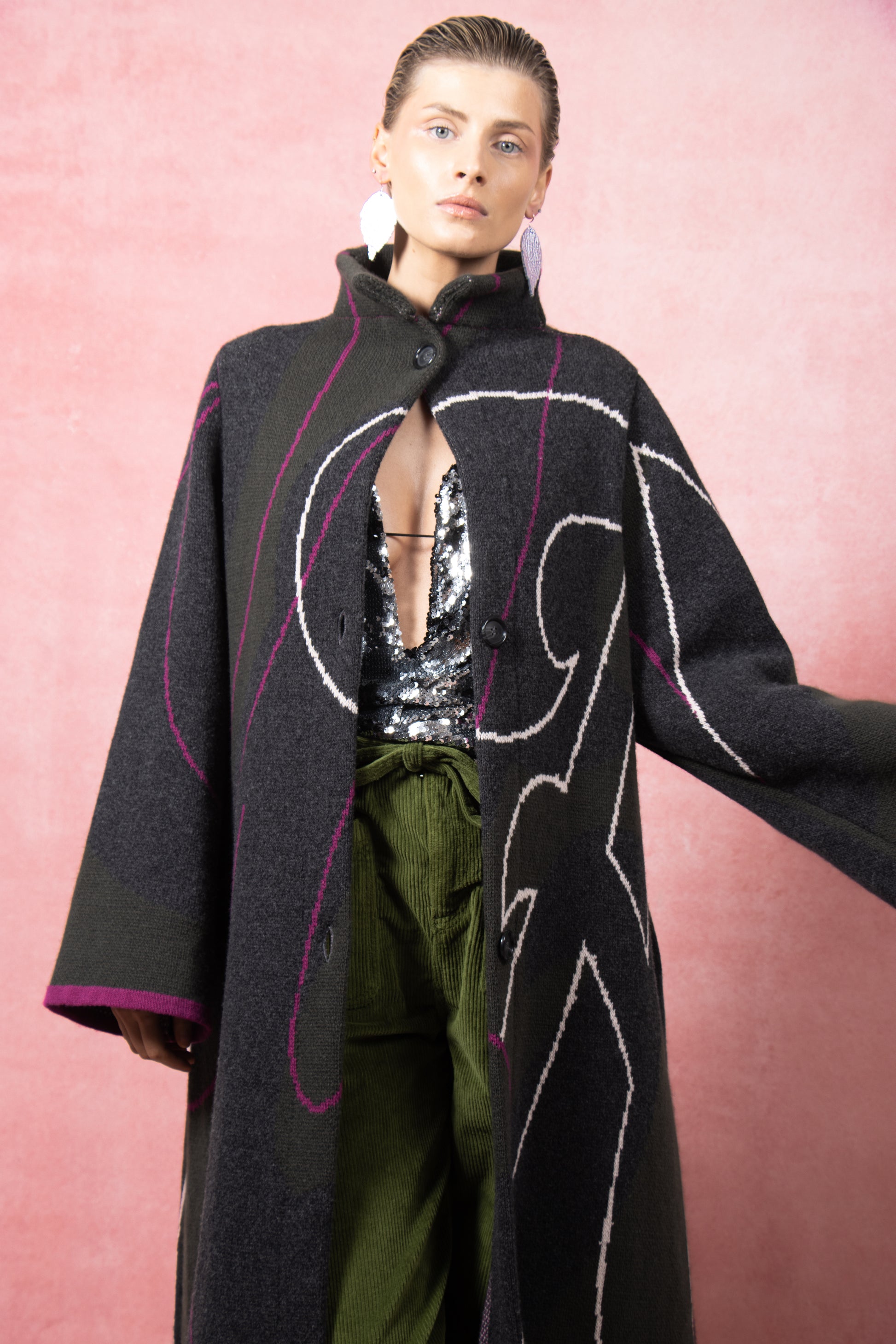 The Grá Coatigan - Charcoal & Olive Green Merino Wool