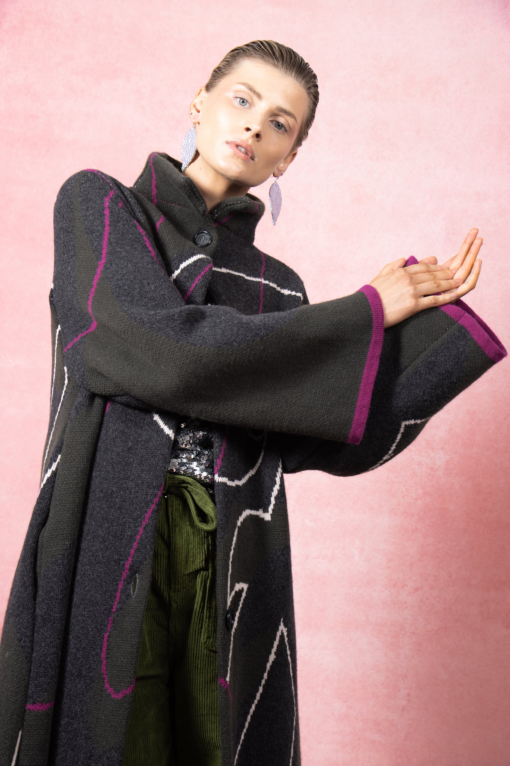 The Grá Coatigan - Charcoal & Olive Green Merino Wool