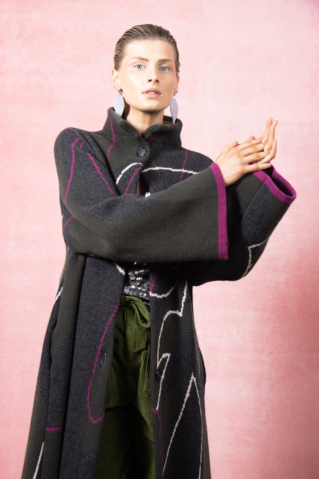 The Grá Coatigan - Charcoal & Olive Green Merino Wool