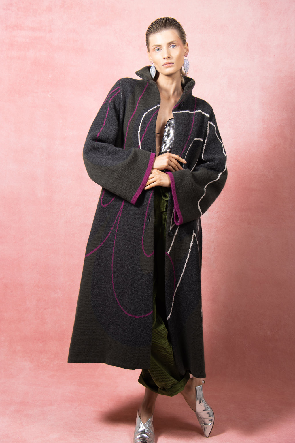 The Grá Coatigan - Charcoal & Olive Green Merino Wool