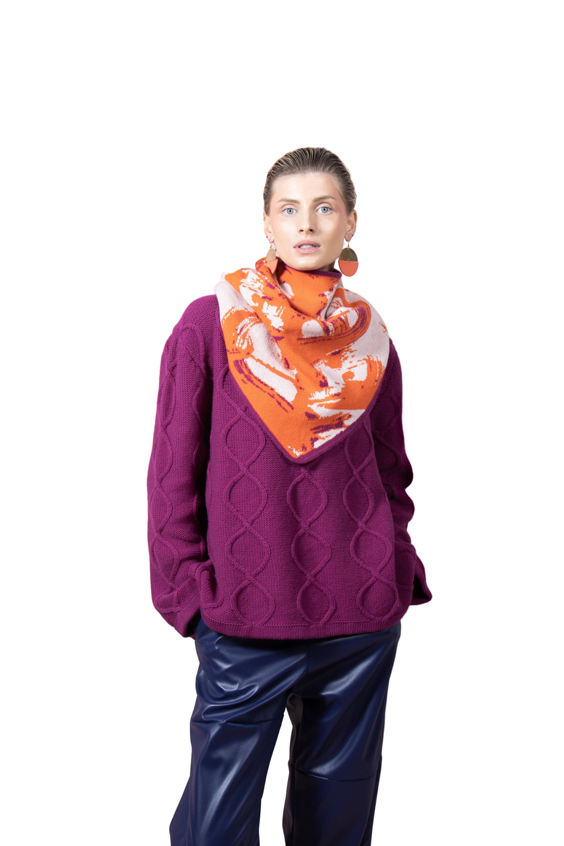 Bandana Scarf In Tangerine - Hand Illustrated Cable Merino Wool