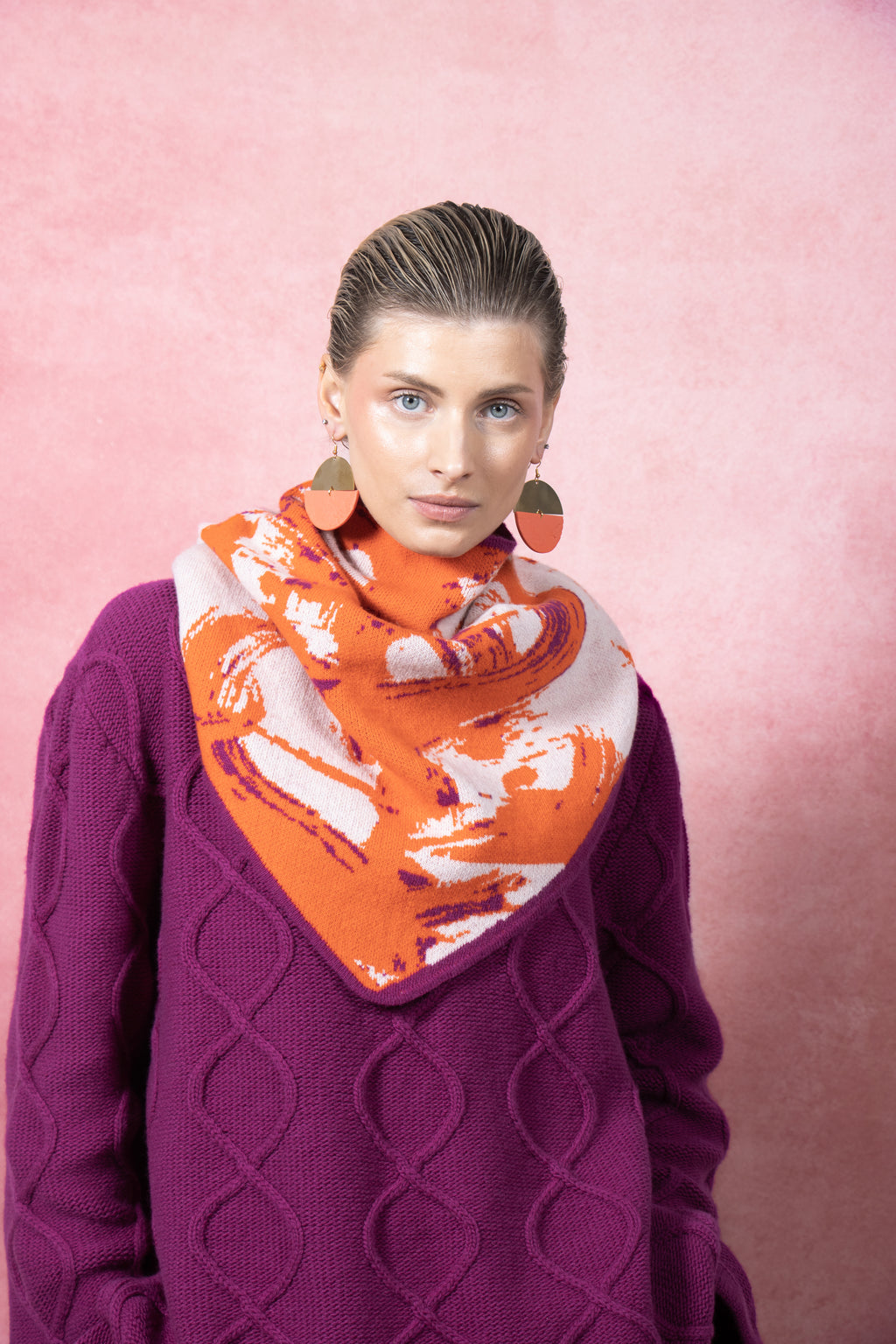 Bandana Scarf In Tangerine - Hand Illustrated Cable Merino Wool