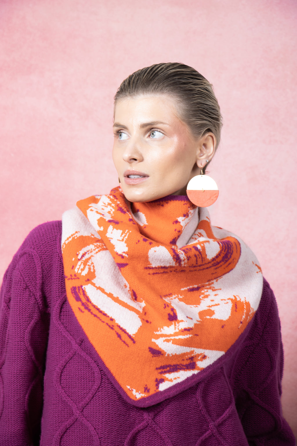 Bandana Scarf In Tangerine - Hand Illustrated Cable Merino Wool
