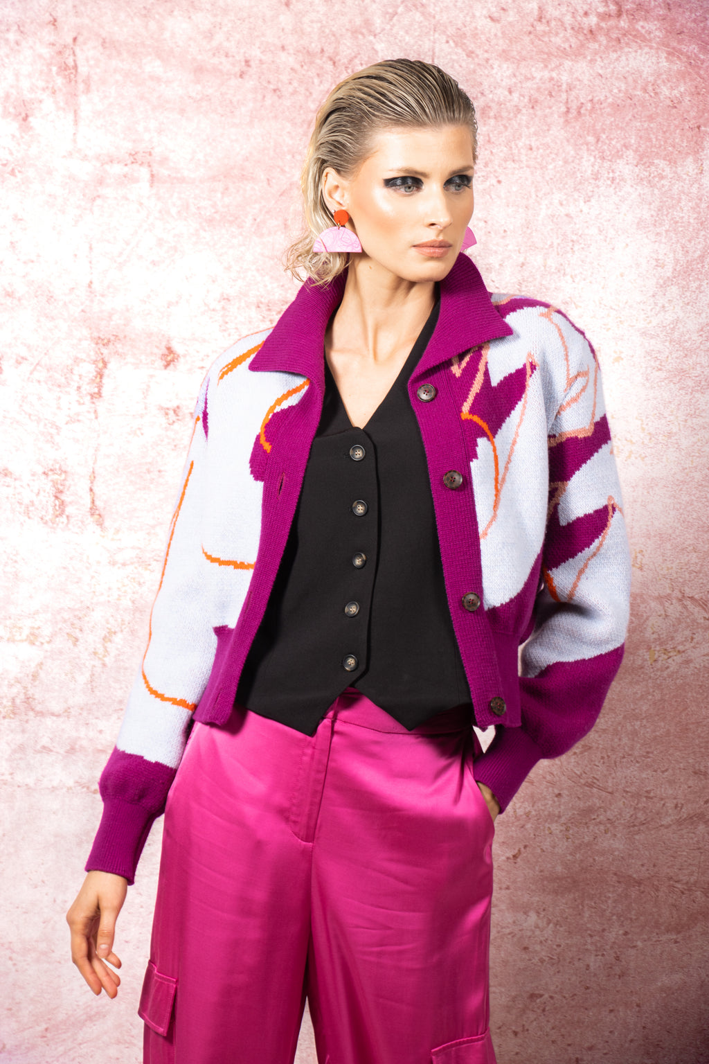 The Aydah Mid Blue & Raspberry - Cropped Cardigan