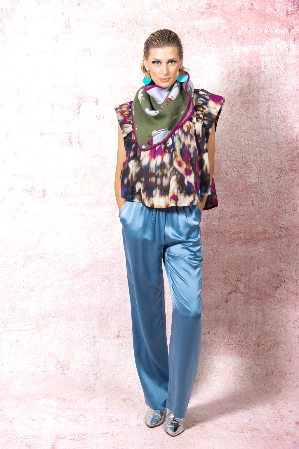 Bandana Scarf Olive Green - Hand Illustrated Cable Merino Wool