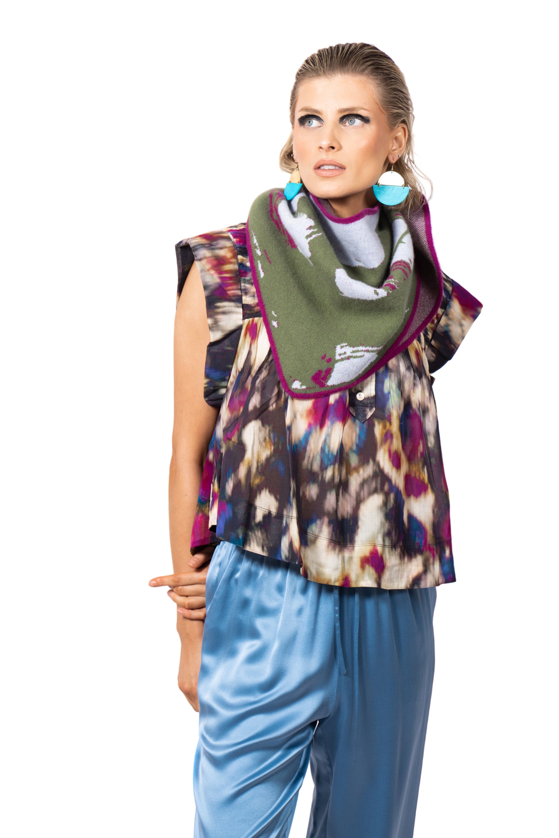 Bandana Scarf Olive Green - Hand Illustrated Cable Merino Wool