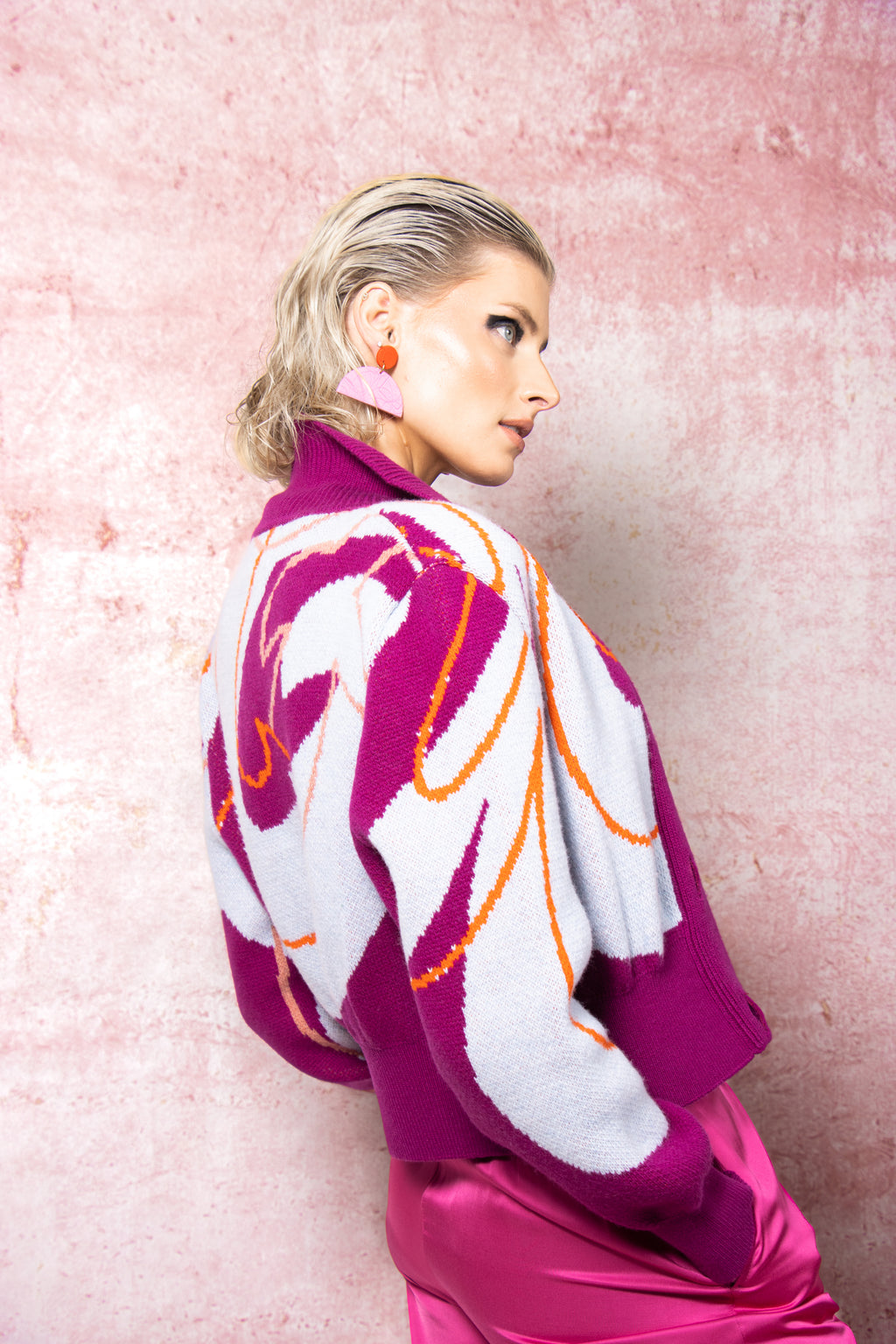 The Aydah Mid Blue & Raspberry - Cropped Cardigan