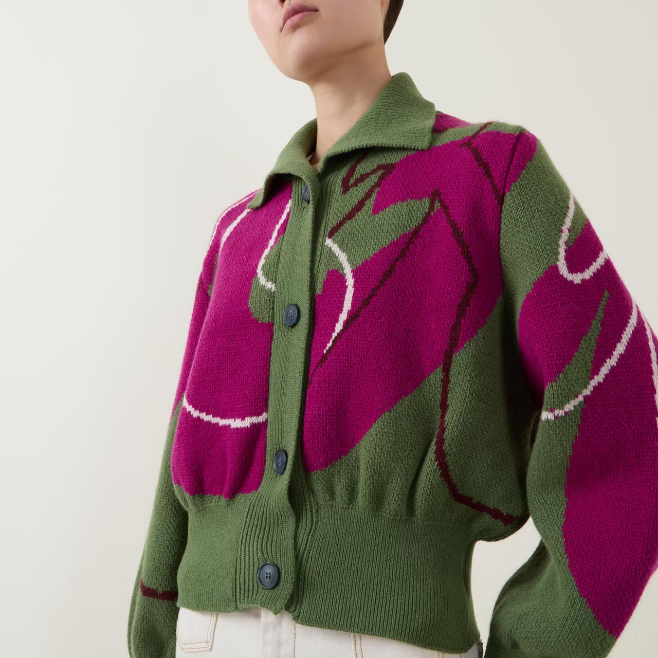 The Aydah Sage Green & Magenta - Cropped Cardigan